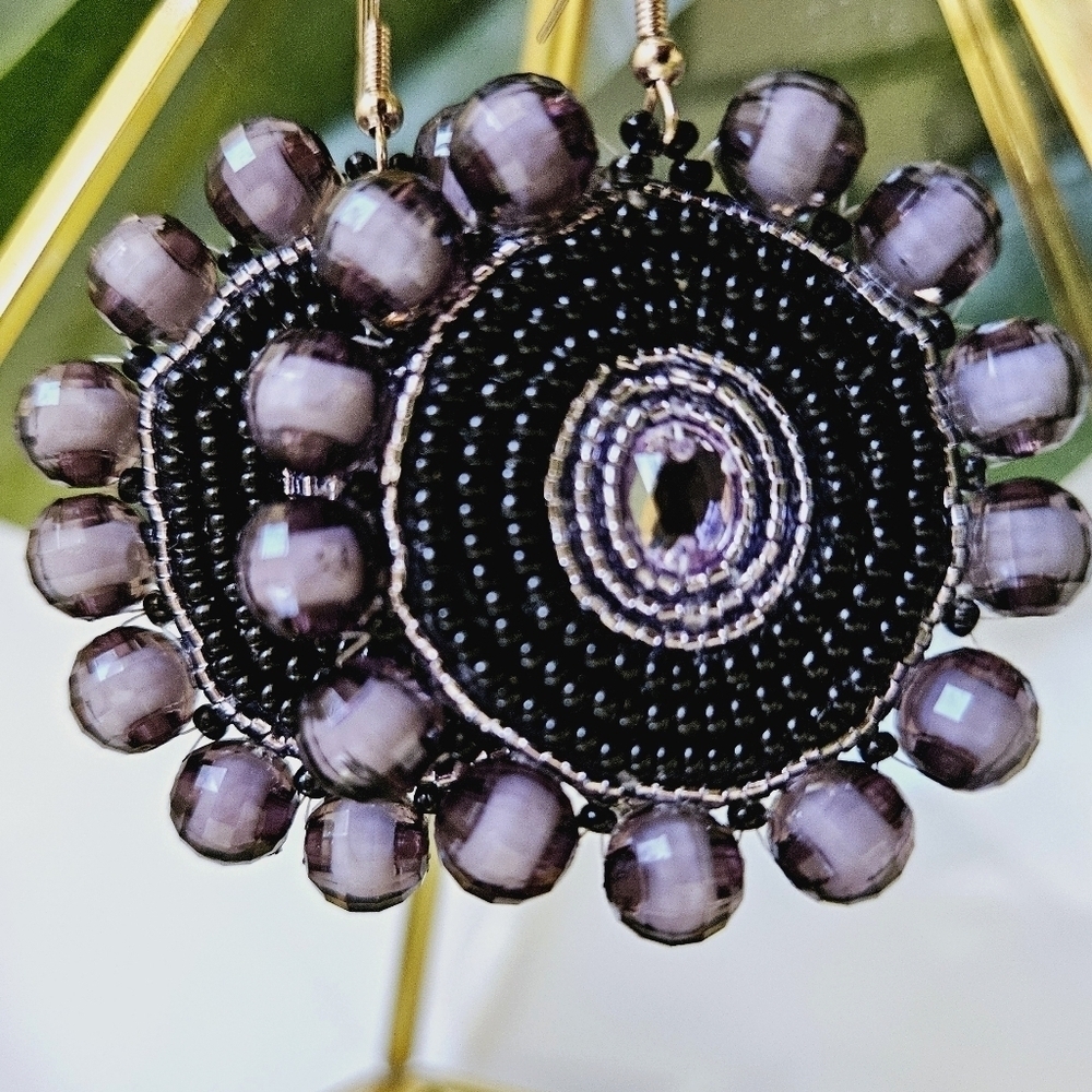 2/$27 |Purple + Black Beaded Bohemian Indigenous Native Hoop Earrings | Handmade